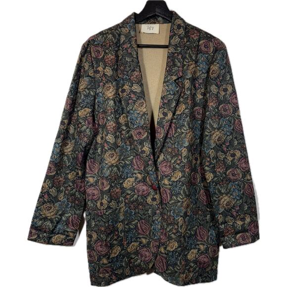 Vintage Jackets & Blazers - Vintage Floral Blazer, 1980s Jewel Tone Print Jacket Black Green Plum 12 USA